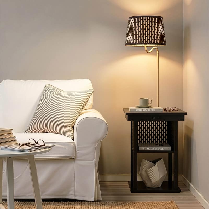 Brightech Madison 56 in. Classic Black Mid-Century Modern LED Bedside Table Lamp with Fabric Drum Shade and Built-In USB Port