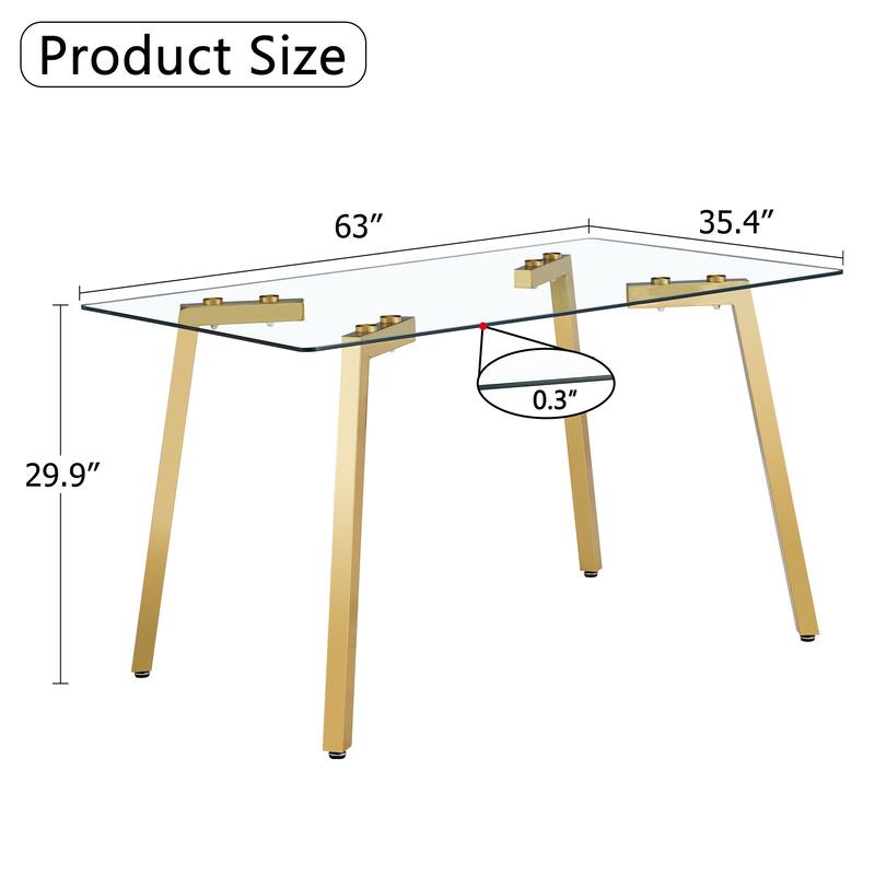 Minimalist style rectangular glass dining table with tempered glass and golden metal legs, for dining room,living room
