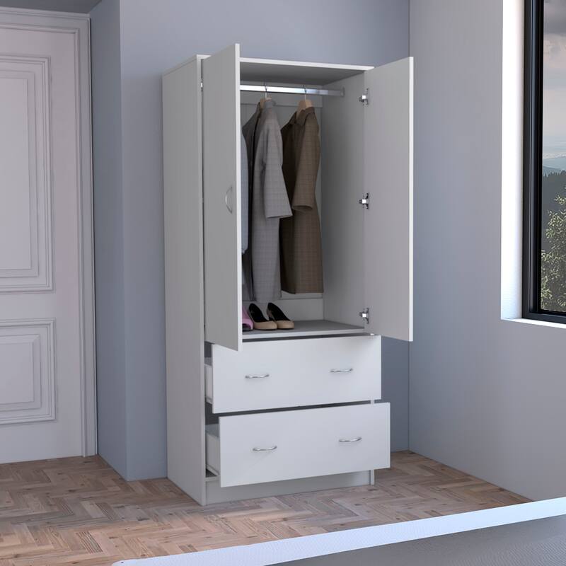 30.9" Modern Armoire with Double Doors, 2 Drawers and Hanging Rod for Bedroom