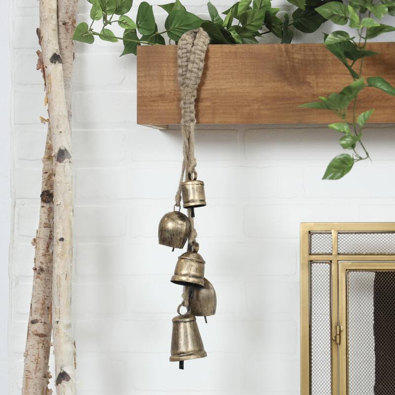 Gold, White or Black Metal Tibetan Inspired Cascading Indoor Outdoor Decorative Cow Bells with 5 Bells on Jute Hanging Rope
