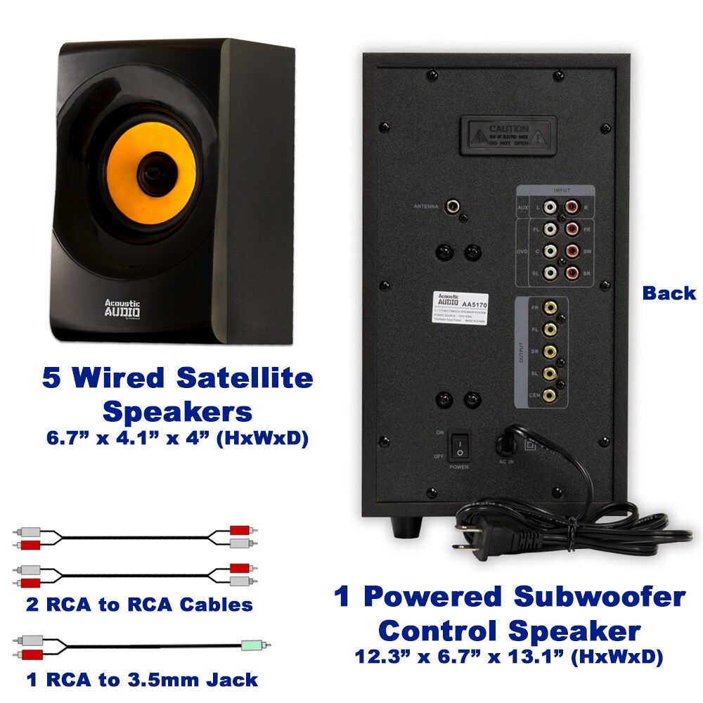 Acoustic Audio 5 1 Bluetooth Home Speaker System With Fm And 4 Extension Cables Overstock 16324167