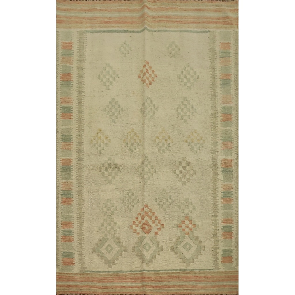 Hand Woven Oriental 100% Wool Carpet Southwestern Tribal Beige & Ivories Kilim Area Rug - 6' 0'' X 4' 1''