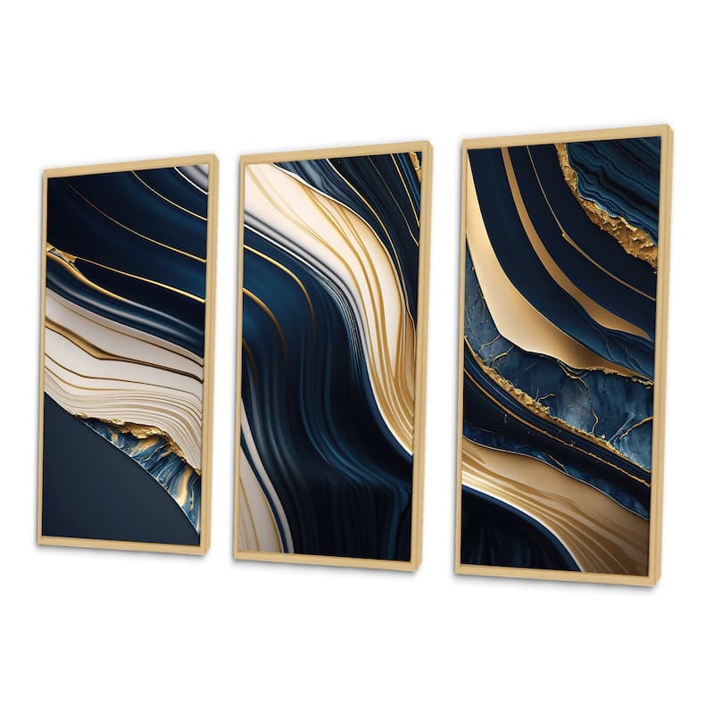 Designart "Abstract Geode Waves Blue And Gold II" Modern Waves Framed Canvas Art Print - 3 Panels