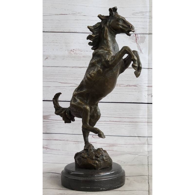 Signed Barye Excited Rearing Horse Bronze Marble Sculpture Racing Marble Figure