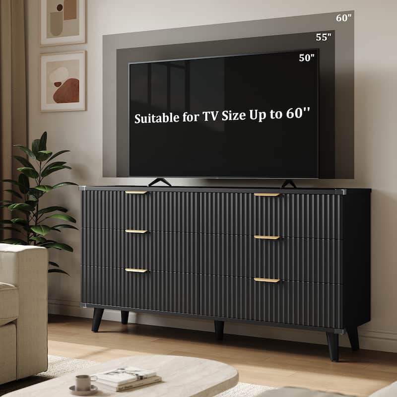6 Drawer Dresser for Bedroom, 53" Wide Boho Fluted Dresser