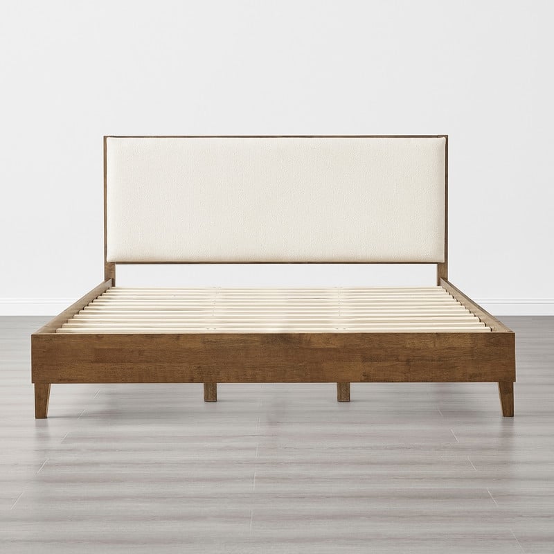 Spruce & Spring Modern Bouclé Platform Bed with Upholstered Headboard & Solid Wood Frame