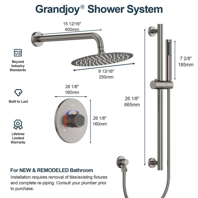 GRANDJOY 10" Wall-Mounted Shower Head System and Handheld Shower with Sliding Bar