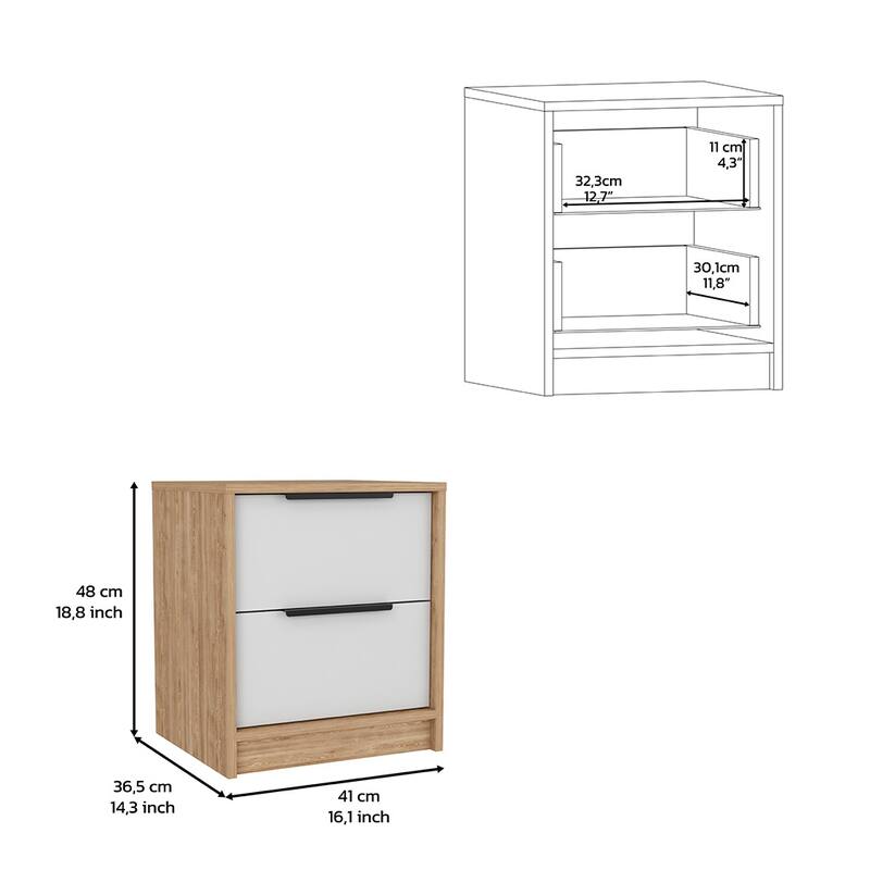 Bedroom Nightstand Two Drawers Metal Handle Smokey Oak