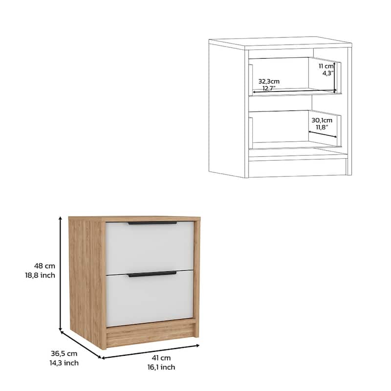 Nightstand Cervants,Two Drawers,Metal Handle,White / Pine Finish
