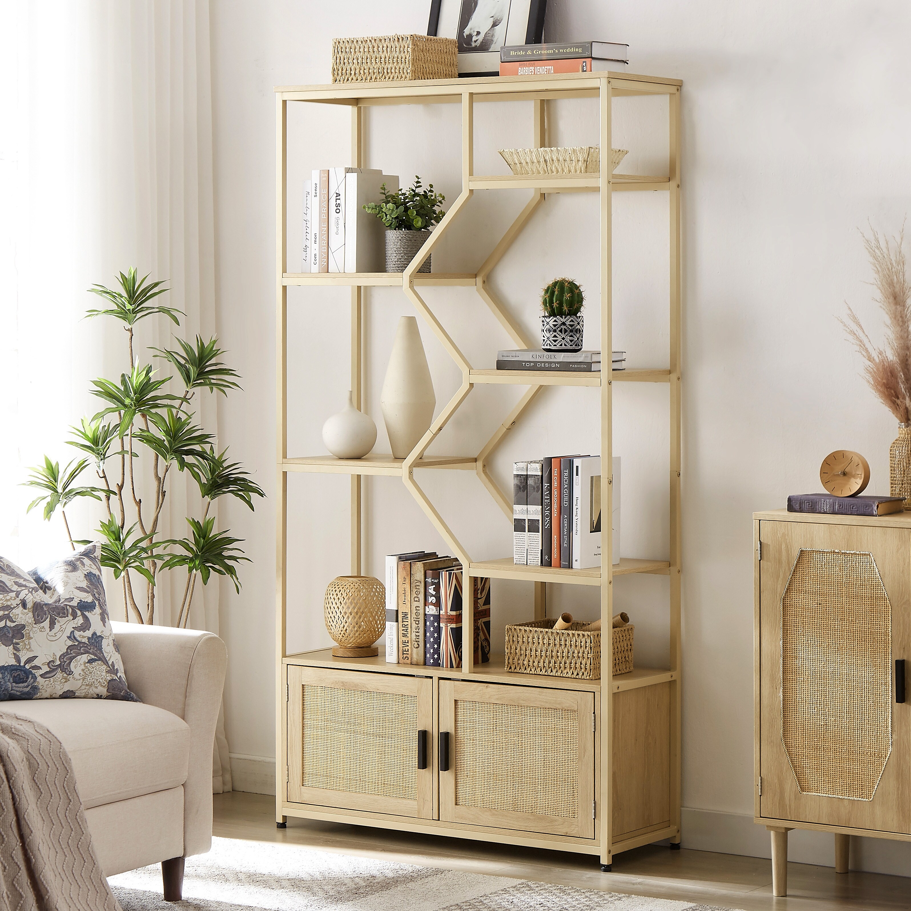 Acekool 71" 5-Tier Rattan Bookshelf With Cabinet & Door, Metal Frame Industrial Bookcase For Living Room & Bedroom - View #2