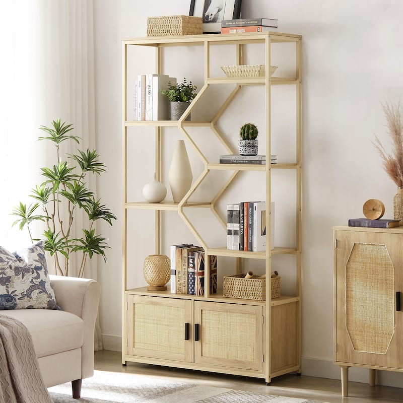 Rattan bookshelf 7 tiers Bookcases Storage Rack with cabinet for Living Room Home Office