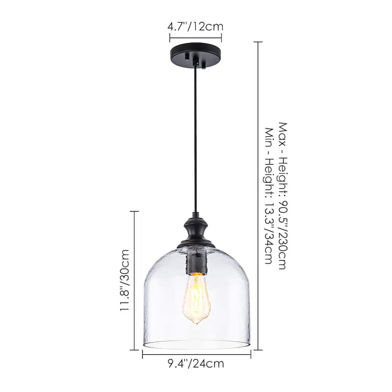 1-Light Modern Industrial Dome Pendant Light with Bell Shape Clear Hammered Glass and Adjustable Hanging Height