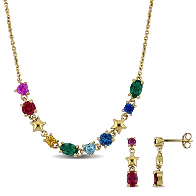 Miadora Yellow Silver 3 1/4TGW Multi-Gemstone Necklace and Earrings Set - Red