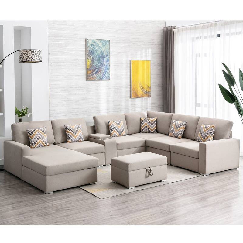 Linen Fabric 8 Piece Reversible Chaise Sectional Sofa with Storage Ottoman, and Storage Console Table