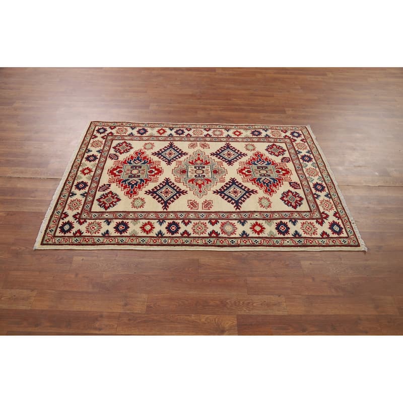 Geometric Ivory Kazak Oriental Accent Rug Handmade Wool Carpet - 3'5" x 4'11"