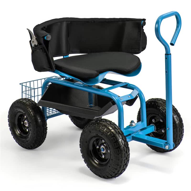 Adjustable Rolling Garden Cart with 360-Degree Swivel Seat Heavy-Duty Metal Frame Storage Basket - 35.5" x 24" x 23.5"-27" - Blue