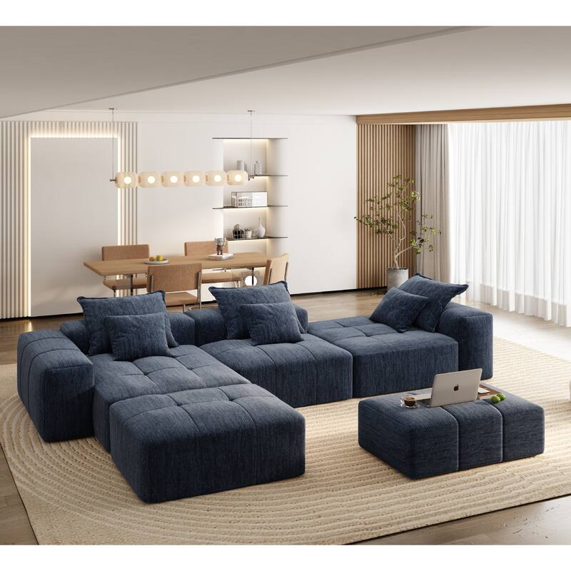 GDFStudio - Chenille Tufted Oversized 184" Modular Sectional Sofa with Ottoman - Blue