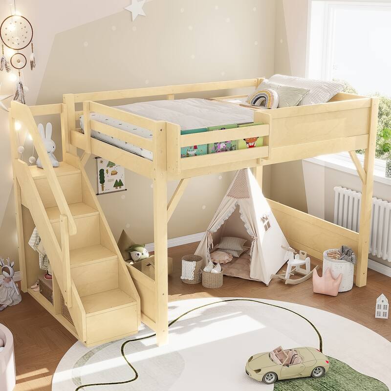 Full/Twin Loft Bed with Built-in Wardrobe, Storage & Stairs - Solid Wood, Full-Length Guardrails, No Box Spring