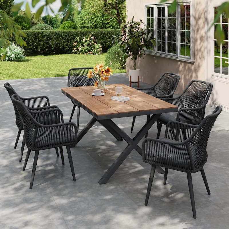 7-Piece Outdoor Dining Set - Iron Frame with Cross Wicker Back Chairs & X-Base Table
