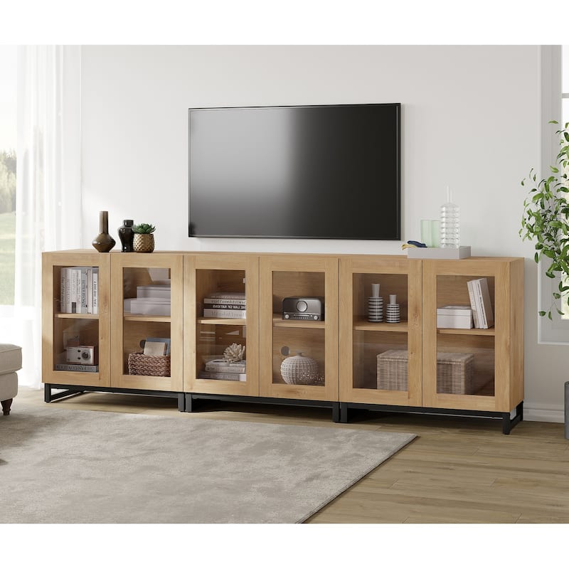 WAMPAT Modern TV Stand with Glass Doors for 110 inch TVs, Entertainment Center Console with Adjustable Shelves and Metal Base