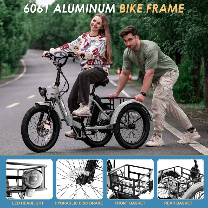 DoCred Electric Folding Tricycle for Adult with Front and Rear Baskets
