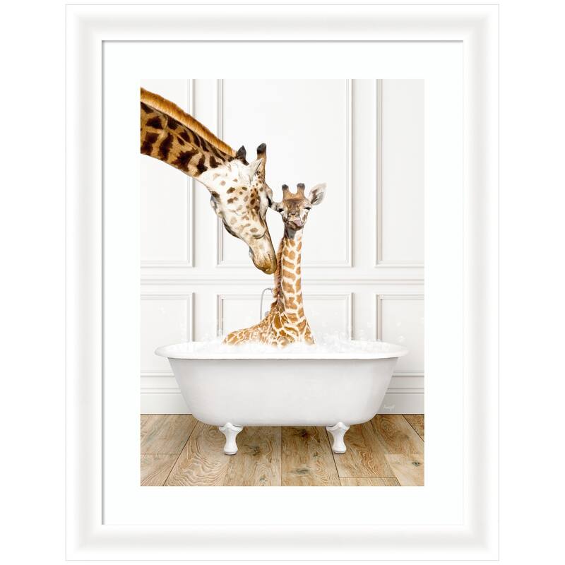 Kate and Laurel Mother and Baby Giraffe in Traditional Vintage Bathtub by Amy Peterson Framed Wall Art Print - 21 x 27 - White