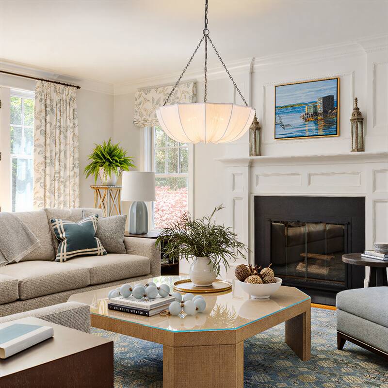 5-Light White Fabric Shade Pendant Light for Living Room - Black White