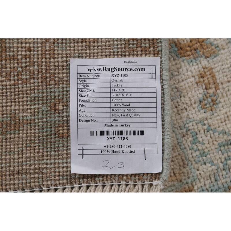 Geometric Oushak Turkish Oriental Wool Rug Hand-knotted Bedroom Carpet - 3'0" x 3'10"