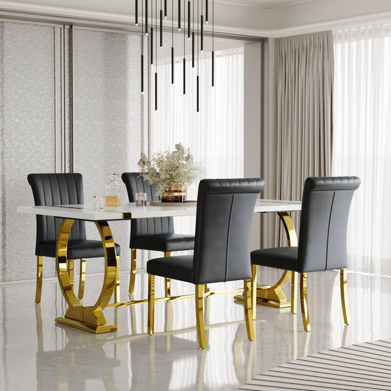 Luxury Dining Table Set with PU Leather Dining Chairs - Black and Gold - Table with 4 Chairs