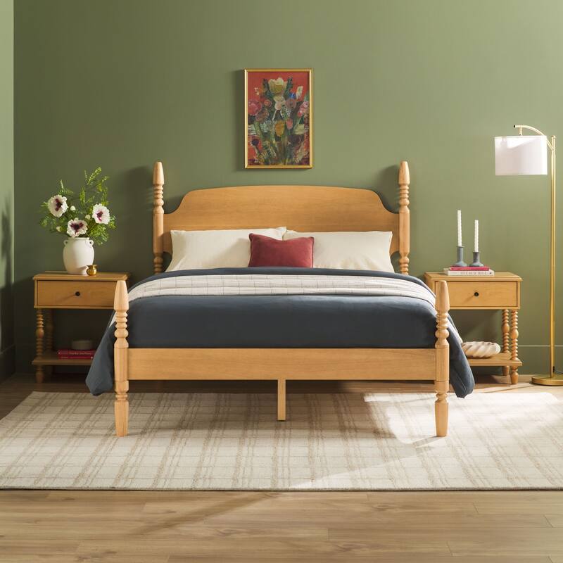 Walker Edison Spindle Queen Bed with 1-Drawer Nightstands Bedroom Set - Natural