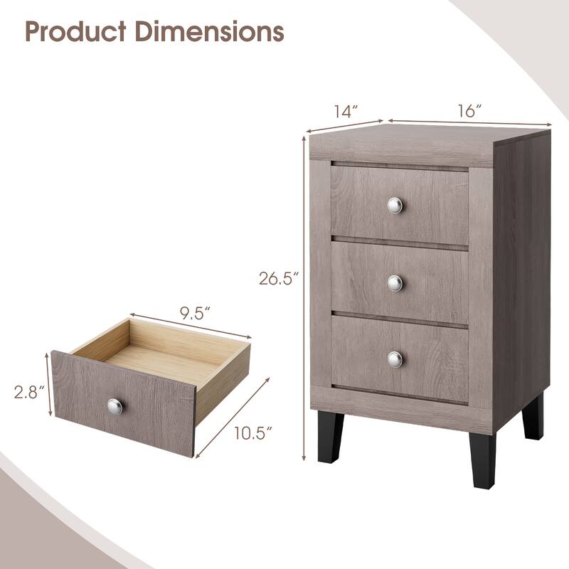 Costway Nightstand Sofa Side Coffee Table with 3 Drawer for Bedroom