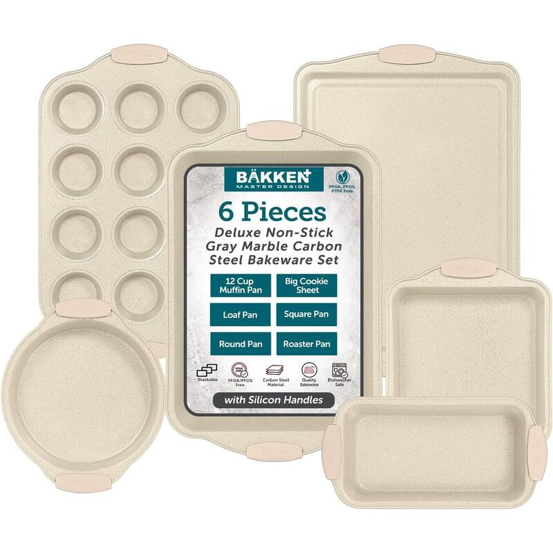 BAKKENMASTER Nonstick Baking Pan Set - Bakeware with Silicone Handles - 6 Pieces - White Marble