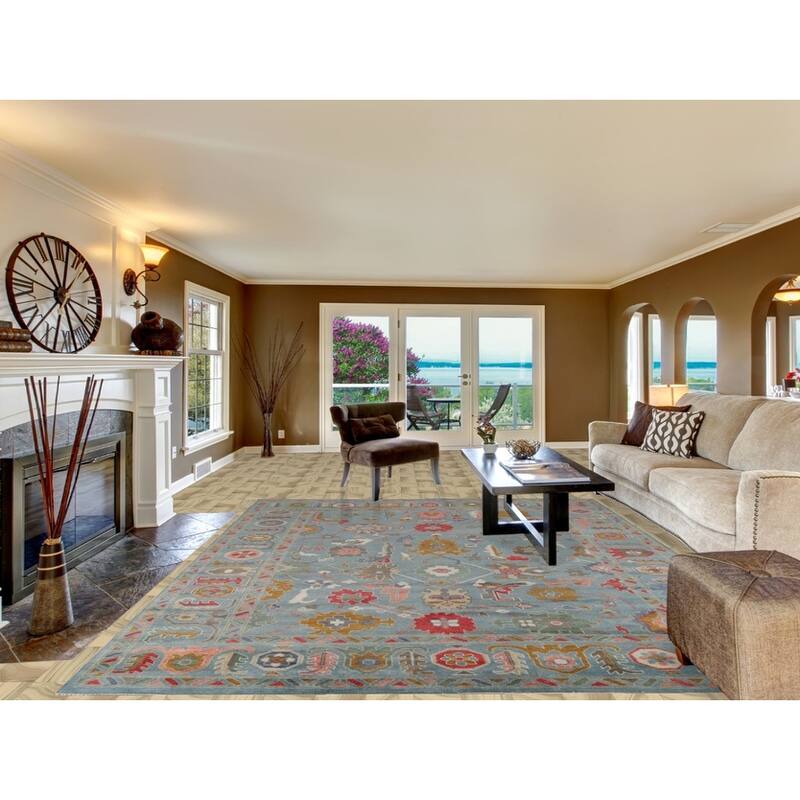 All-Over Blue Oushak Oriental Area Rug Hand-Knotted Wool Carpet - 9'2"x 11'11"