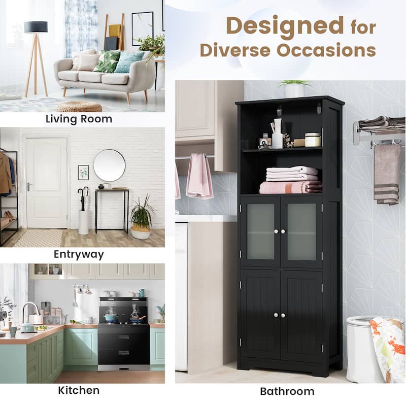 Gymax Bathroom Tall Storage Cabinet Linen Tower w/ Glass Door &
