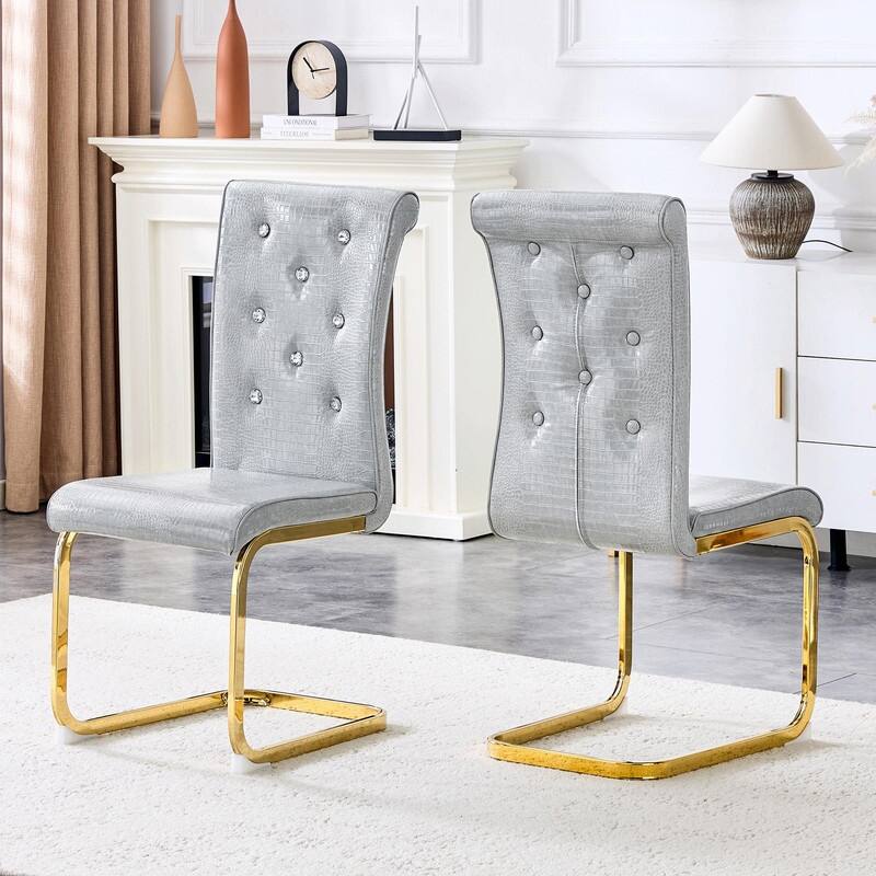 Set of 2 Retro Alligator Skin Upholstered Dining Chairs with Crystal Buckle Design & Faux Leather - Gold+Grey