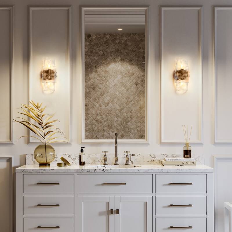 Modern 2-Light Gold Wall Sconces Textured Glass Bathroom Vanity Lights - L14.2" x W6.3"