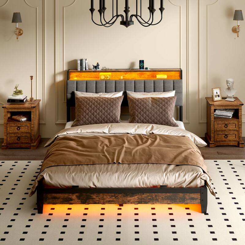 Moasis King/Queen/Full Size Upholstered Platform Bed with Charging Station and Storage Headboard