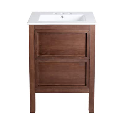 Nadar 24 In. Brown Walnut Bathroom Vanity With White, 3-Hole Ceramic Sink Top