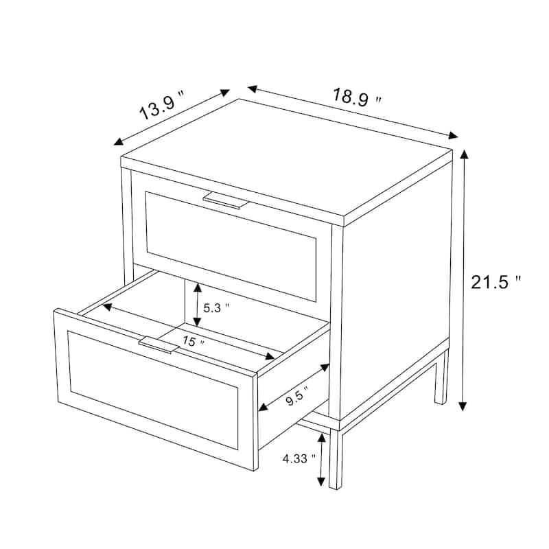 Anmytek 2Drawer Farmhouse Black Wood Rattan Nightstand Bedside Table