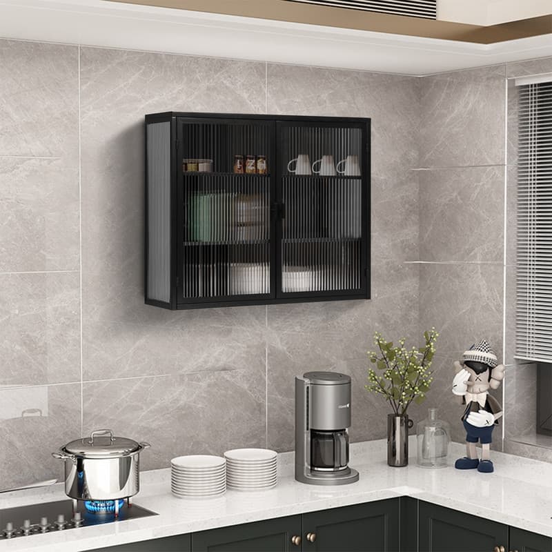 27.56" Kitchen Wall Storage Cabinet with Glass Doors & Three-tier Storage
