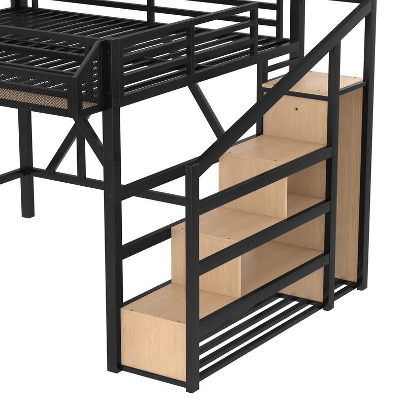 Queen Size Loft Bed with Storage Staircase & Open Wardrobe, Metal Kids Teens Bed Frame with Charging Station & LED Light
