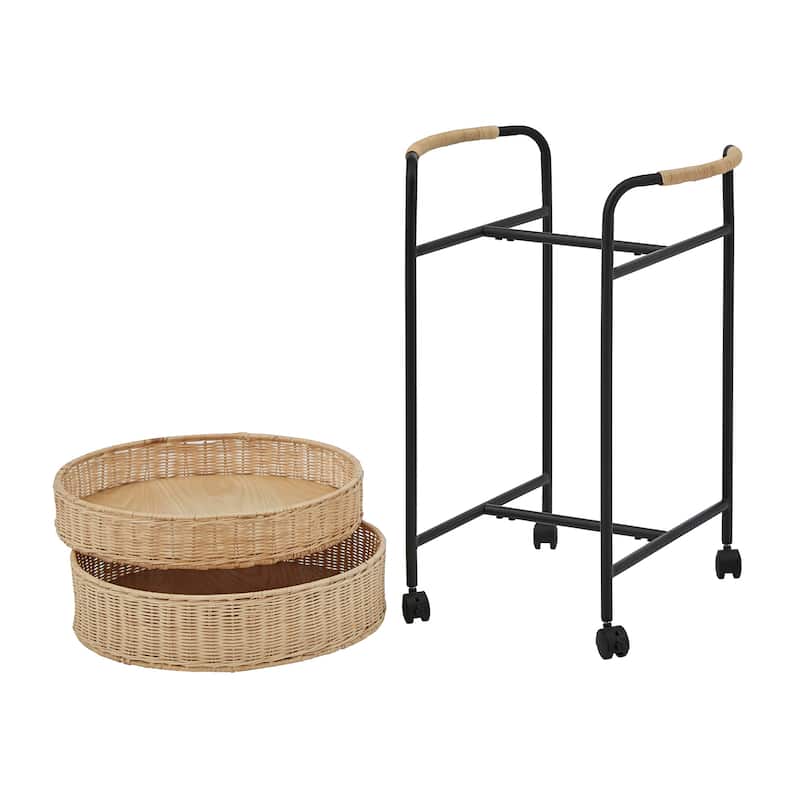 Giethoorn 18" 2-Tier Rattan Baskets Serving Cart with Black Metal Frame on Wheels by iNSPIRE Q Modern