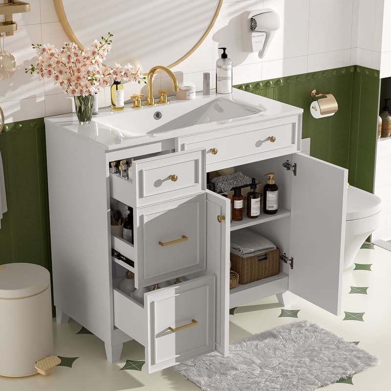 36" Bathroom Vanity with Ceramic Sink, Double-Layer Drawers, Soft Close Doors