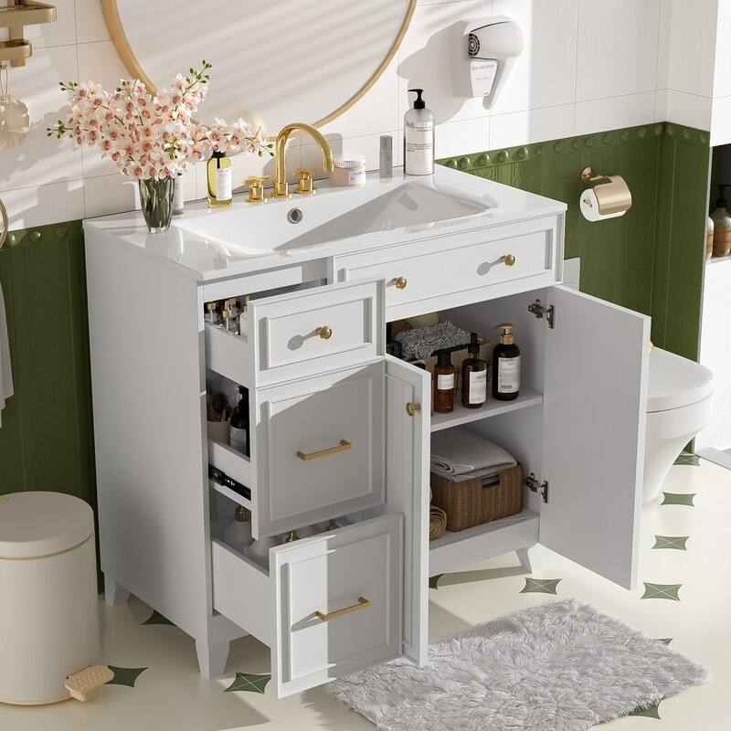 Transitional Style 36-inch Bathroom Vanity with Ceramic Sink, 2 Soft-Close Doors Freestanding Cabinet with 2 Drawers