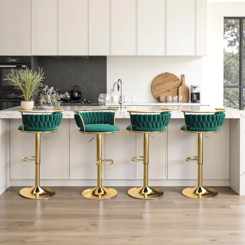4 Set Modern Velvet Adjustable Swivel Bar Stools with Metal Frame - Gold/Dark Green