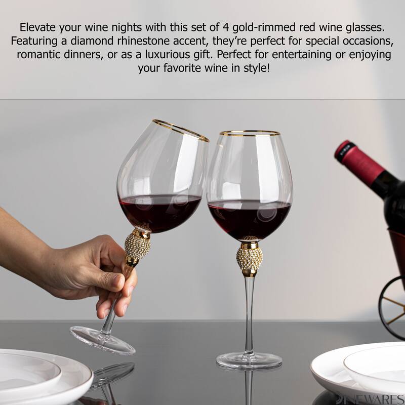 Rimmed Red Wine Glasses with Diamond Rhinestone Accent - 18 oz, 10 Inches Tall - Perfect Toasting Glasses for Bride and Groom