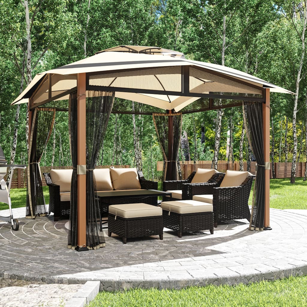 Cozywor 9.8 Ft.W x 9.8 Ft.D Patio Outdoor Garden Gazebo, Double Roof Soft Canopy with Mosquito Netting for Backyard,Beige