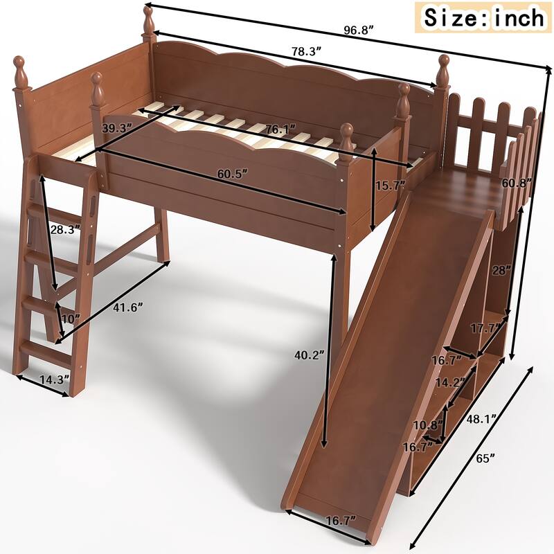 Twin Loft Bed with Storage Shelves and Wardrobe, Solid Wood Loft Beds with Detachable Slide and Ladders, No Spring Box Needed