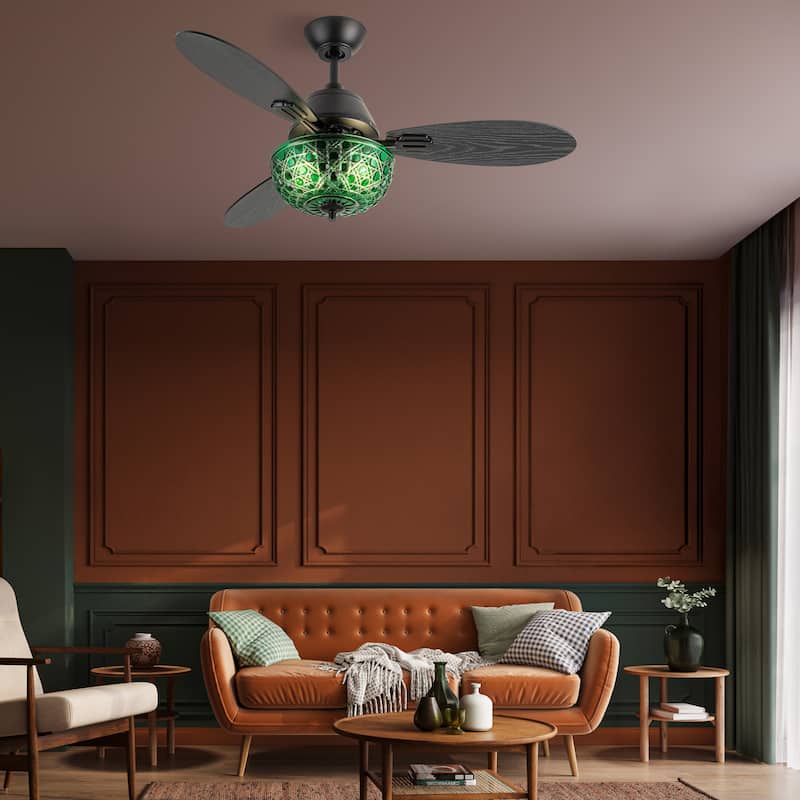 Izzy River of Goods 3-blade 42-inch Modern Indoor Ceiling Fan with Green Hand-Cut Glass Shade and Remote Control