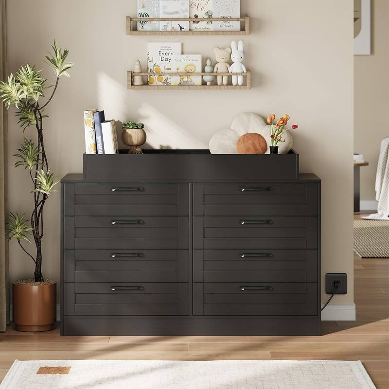 Baby Changing Dresser with 8 Drawers,Wooden Nursery Dresser with Safety Rail & Open Shelf - Black
